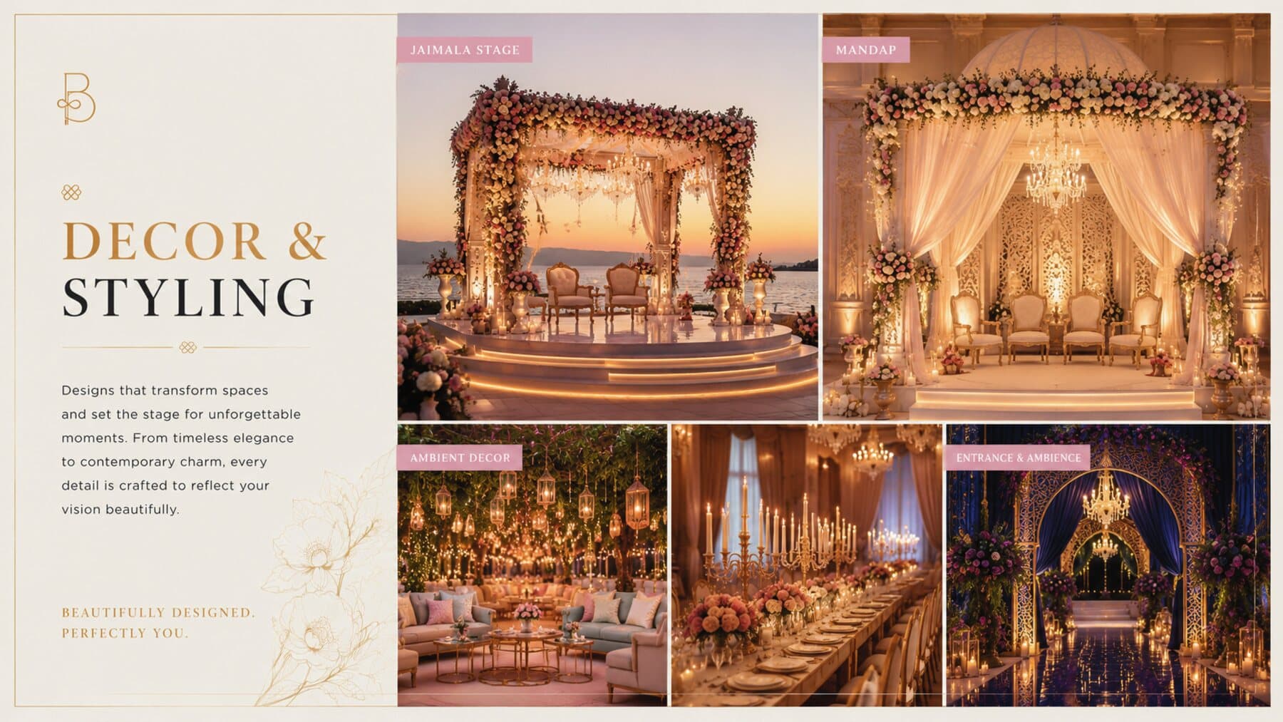 Jaimala stage, mandap, ambient decor and entrance styling collage