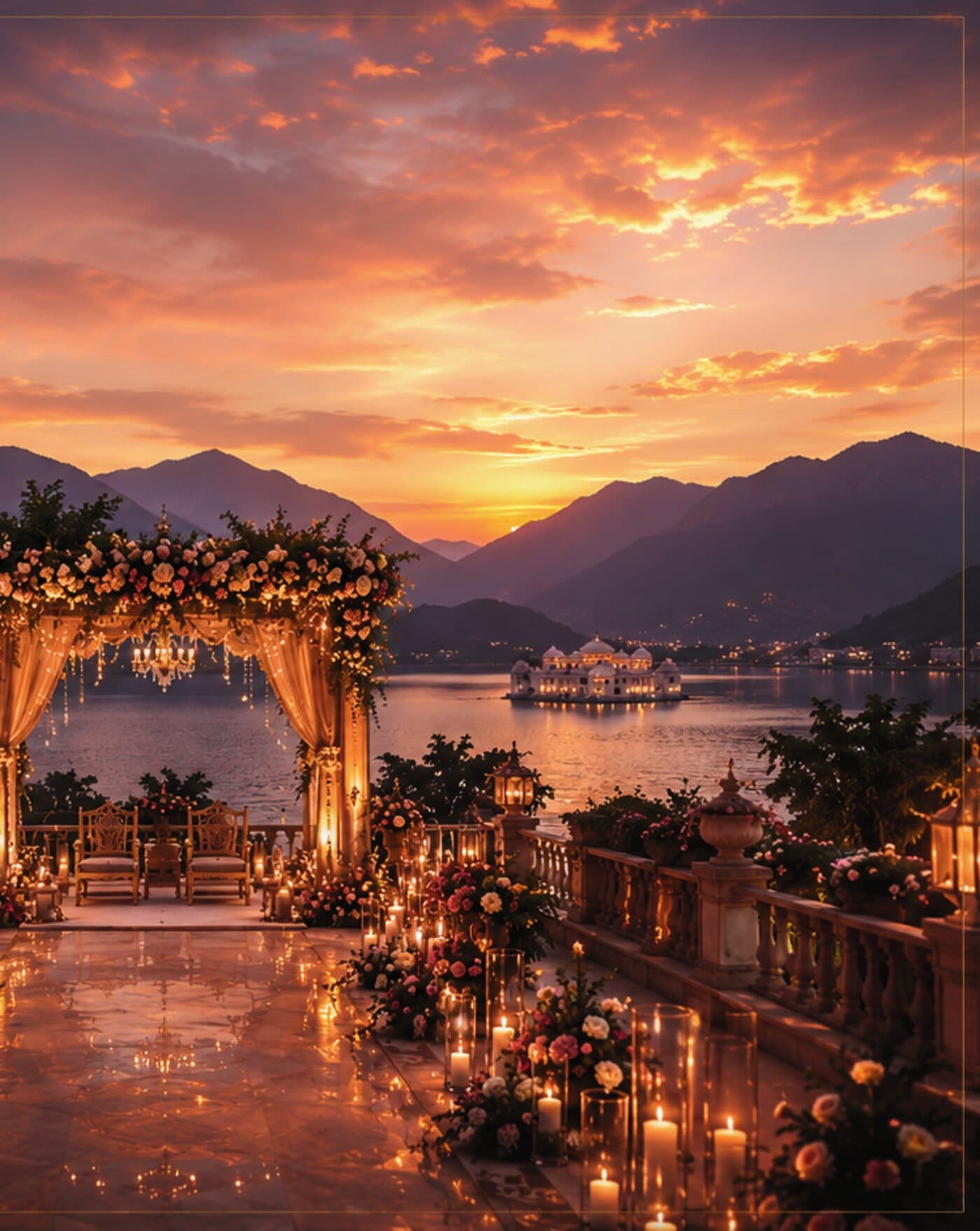 Sunset mandap ceremony overlooking a lake