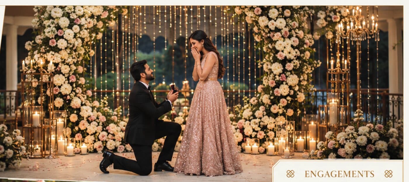 Engagement proposal beneath a floral arch