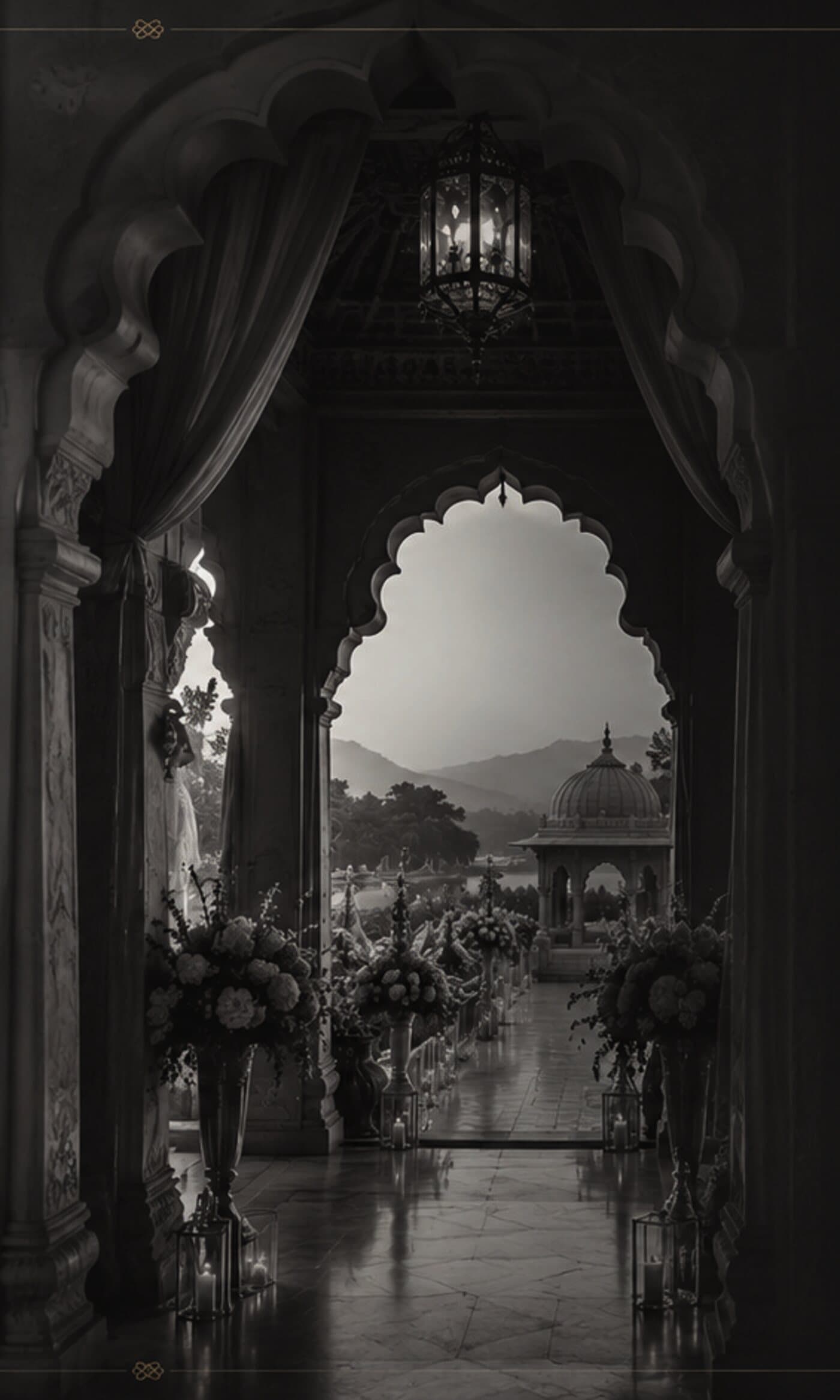 Palace archway overlooking a candlelit aisle