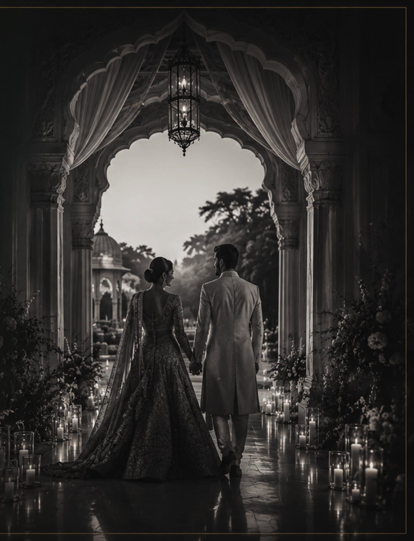 Bride and groom walking hand in hand through a candlelit palace archway