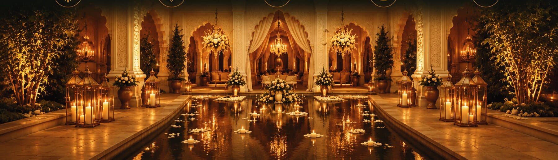 Candlelit palace corridor with reflecting pool