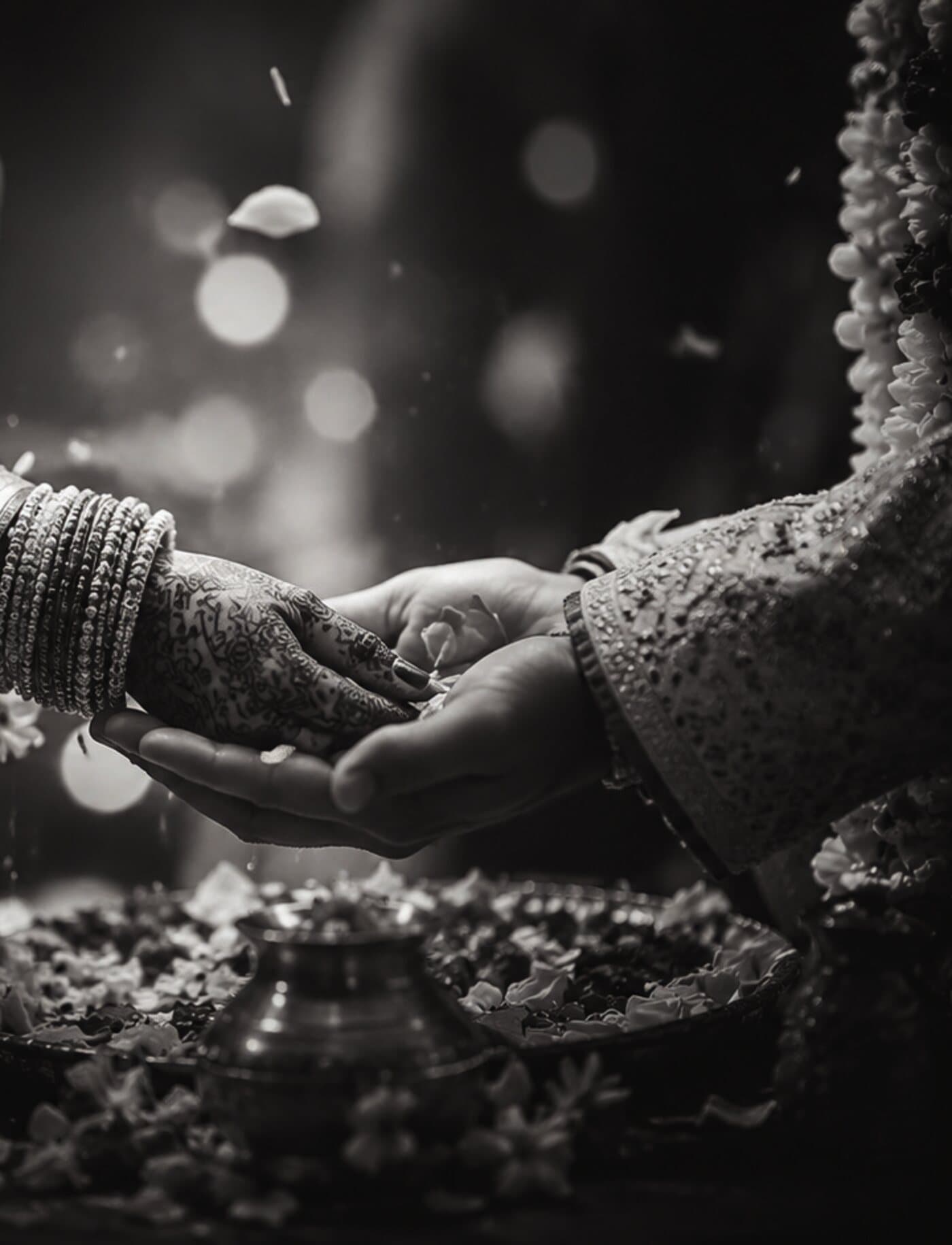 Bridal hands with bangles and rose petals, a Bandhan ritual moment