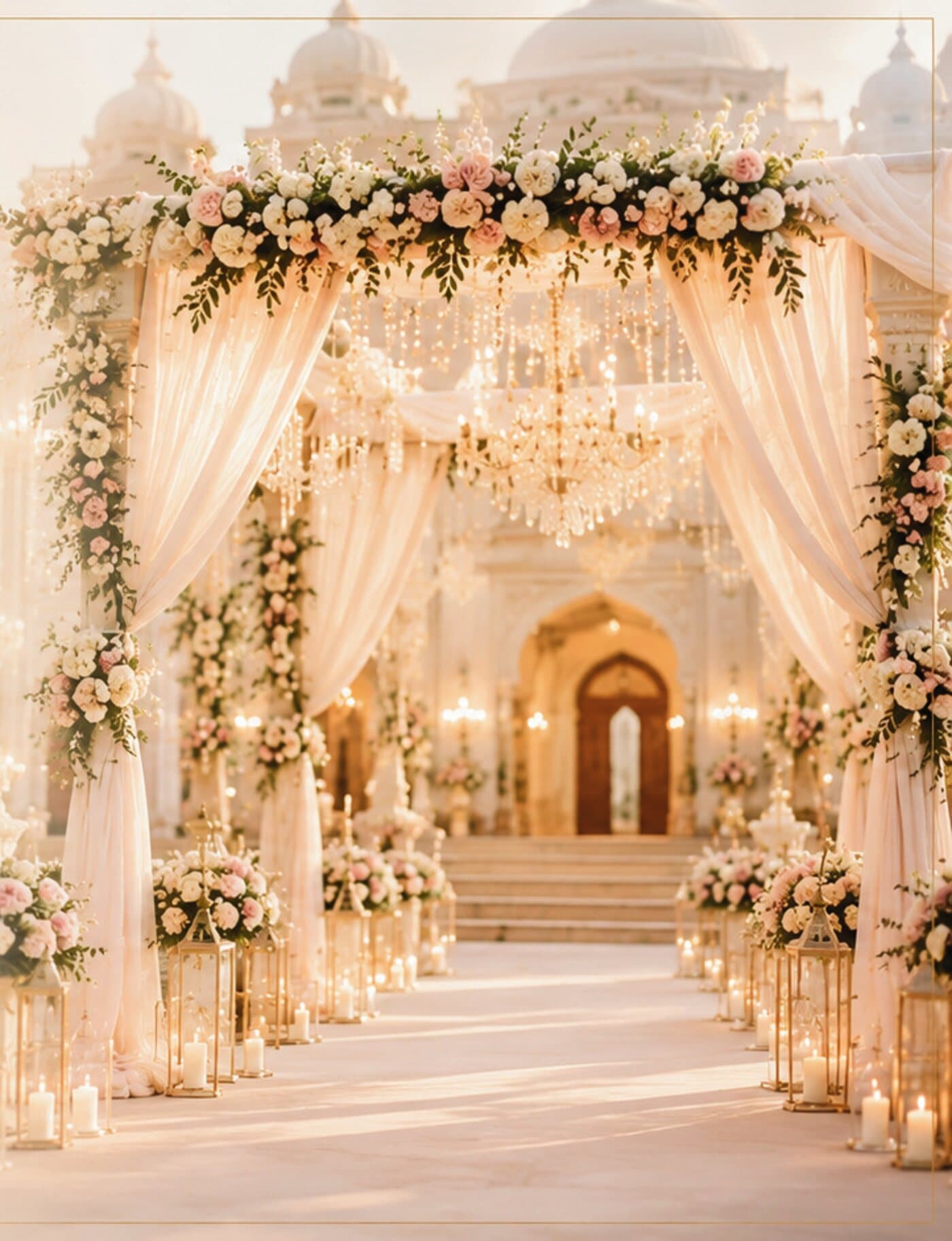 Floral arch entrance at a palace wedding venue
