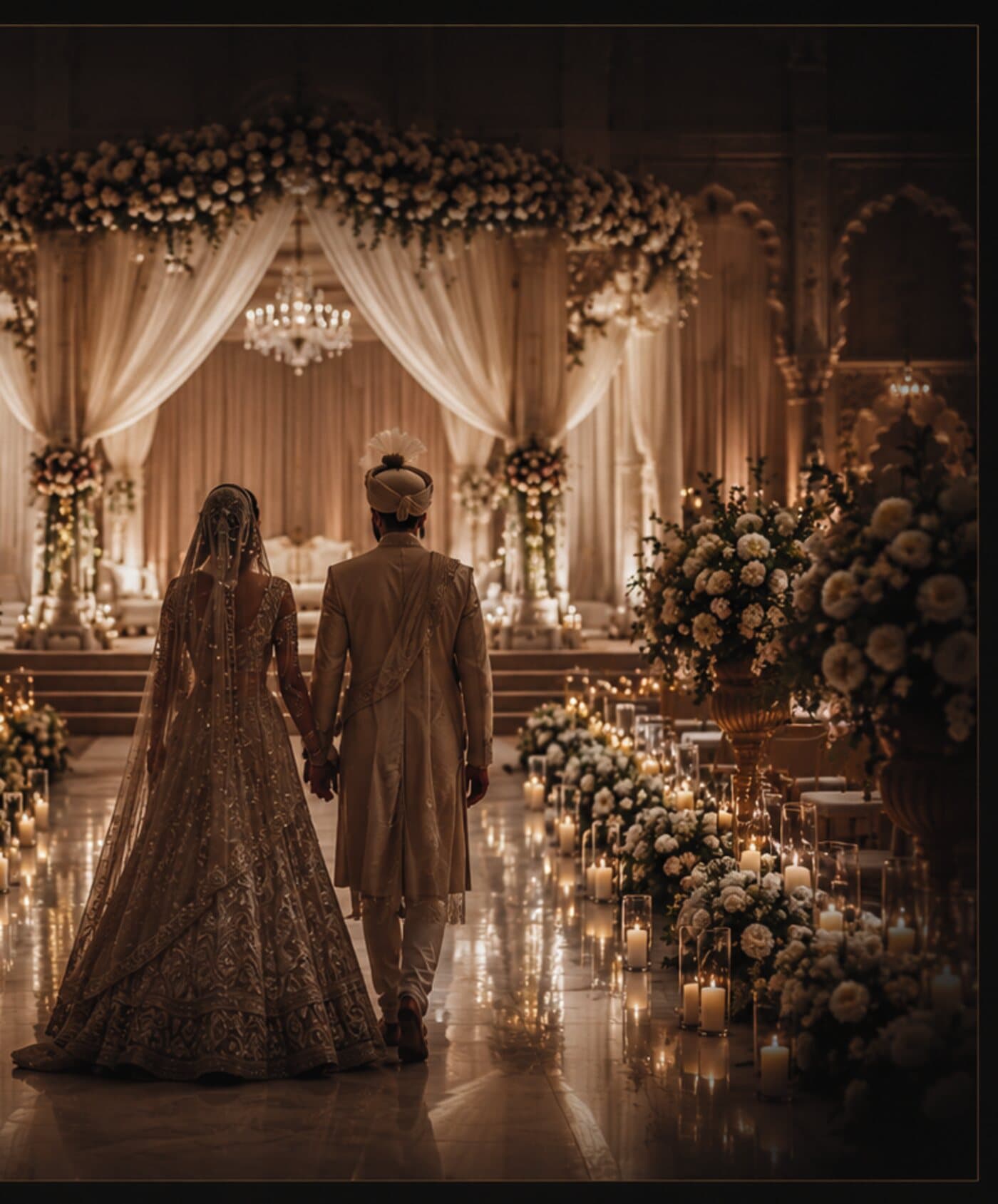 Bride and groom walking into a candlelit floral mandap