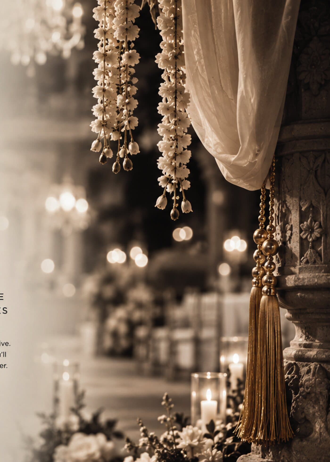Candlelit floral garland and gold tassels